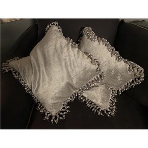Pillows Decoration Italian Velvet  With Fringe Light Silver/Grey Set of 2 New